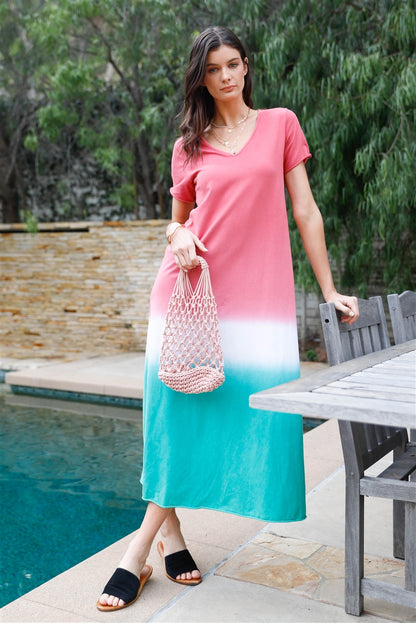 Women Brick Multi Color Cotton Tie-dye V-neck Maxi Dress