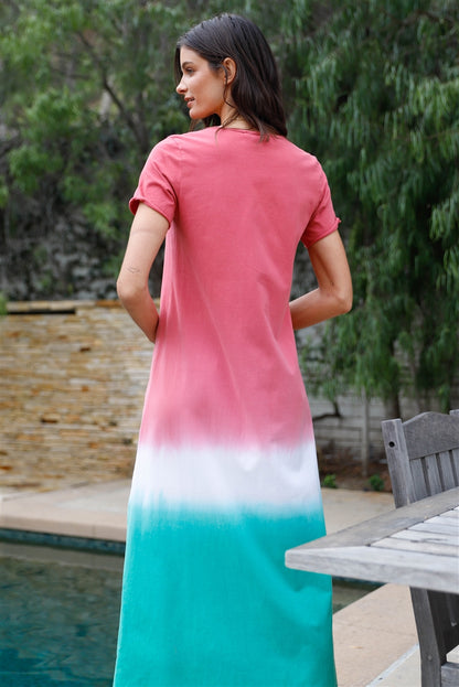 Women Brick Multi Color Cotton Tie-dye V-neck Maxi Dress