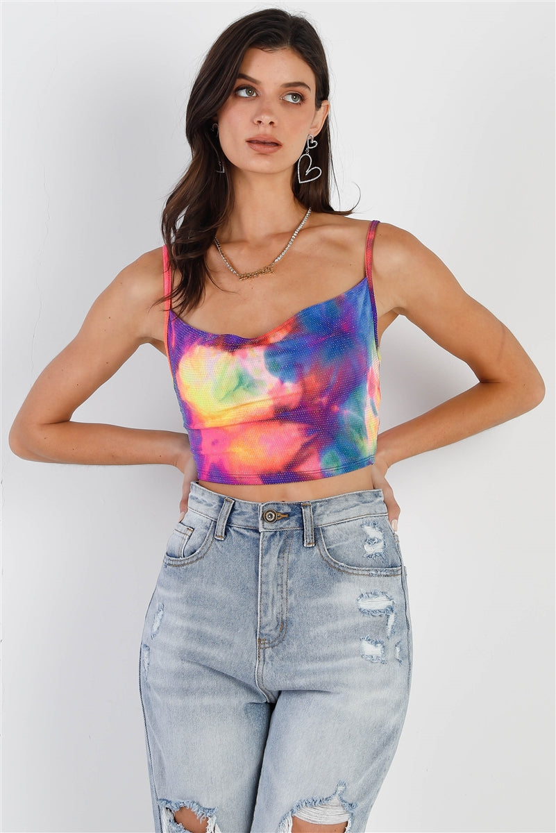 Women Multi Color Neon Tie-dye Lurex Cowl Neck Sleeveless Crop Top