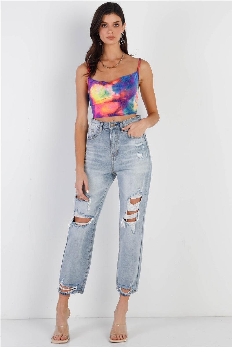 Women Multi Color Neon Tie-dye Lurex Cowl Neck Sleeveless Crop Top