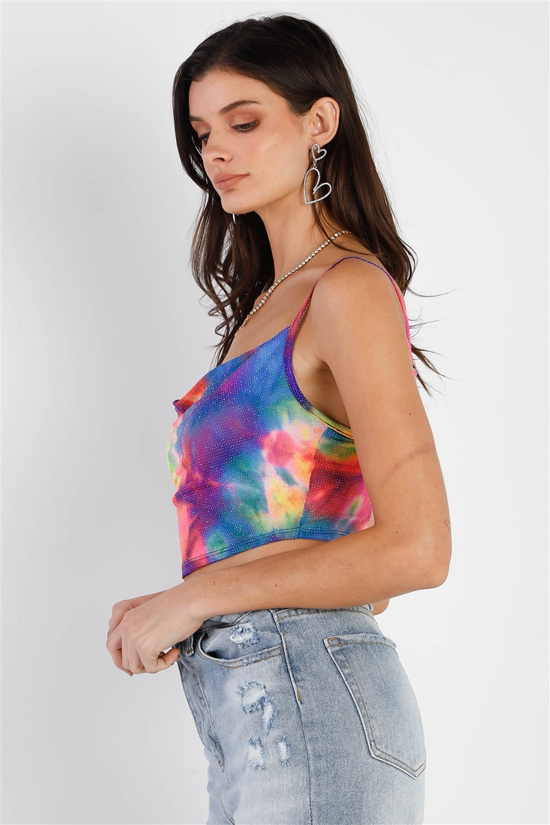 Women Multi Color Neon Tie-dye Lurex Cowl Neck Sleeveless Crop Top