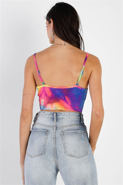 Women Multi Color Neon Tie-dye Lurex Cowl Neck Sleeveless Crop Top