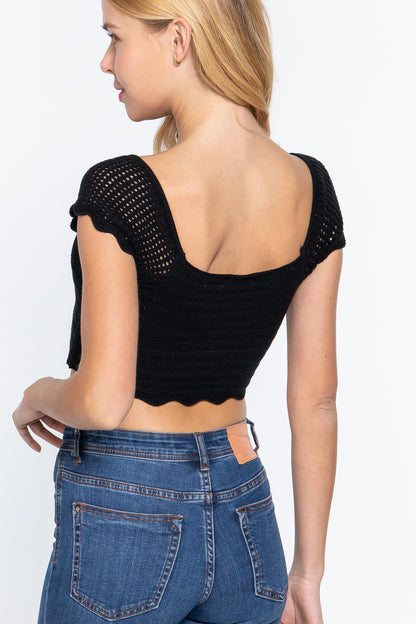 women Short Sleeve V-neck Front Knot Detail Sweater Knit Crop Top