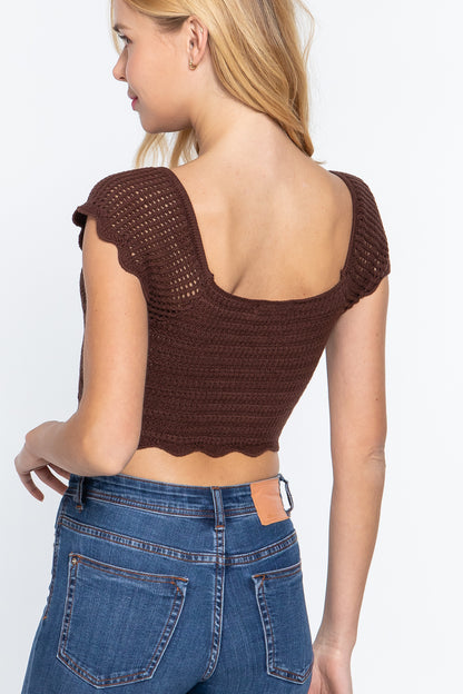 Women Short Sleeve V-neck Front Knot Detail Sweater Knit Crop Top