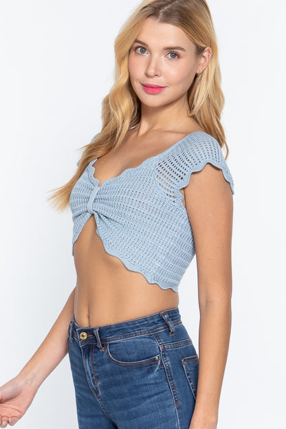 Women Short Sleeve V-neck Front Knot Detail Sweater Knit Crop Top