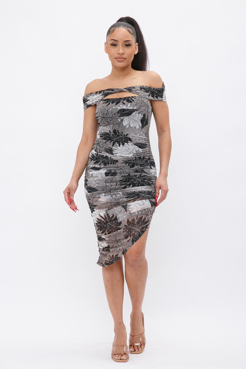 Women Printed Mesh Off Shoulder Dress