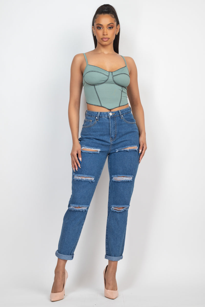 Teal Green Bustier Sleeveless Ribbed Top