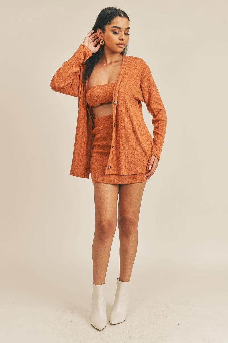 Orange Brown Cardigan Solid Color 3 Piece Set