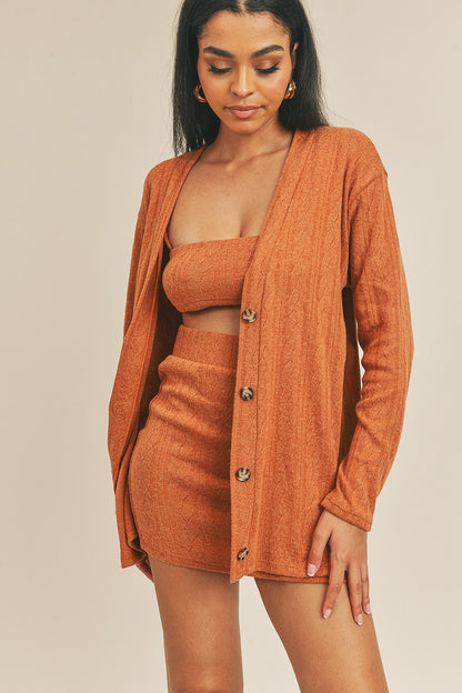 Orange Brown Cardigan Solid Color 3 Piece Set