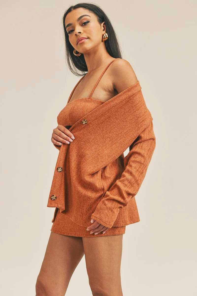 Orange Brown Cardigan Solid Color 3 Piece Set