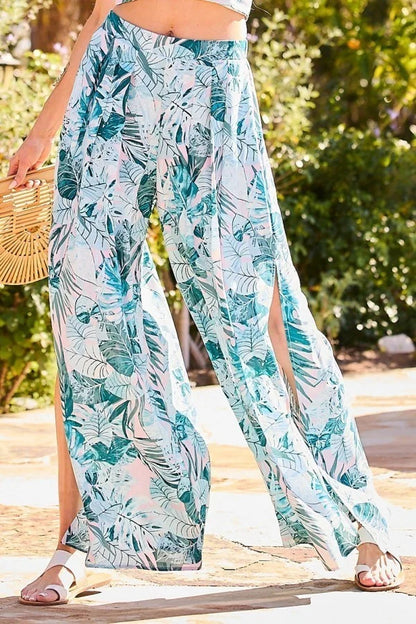 Tropical Green Back Elastic Waist Band Side Pockets Pleat Side Open Slit Pants