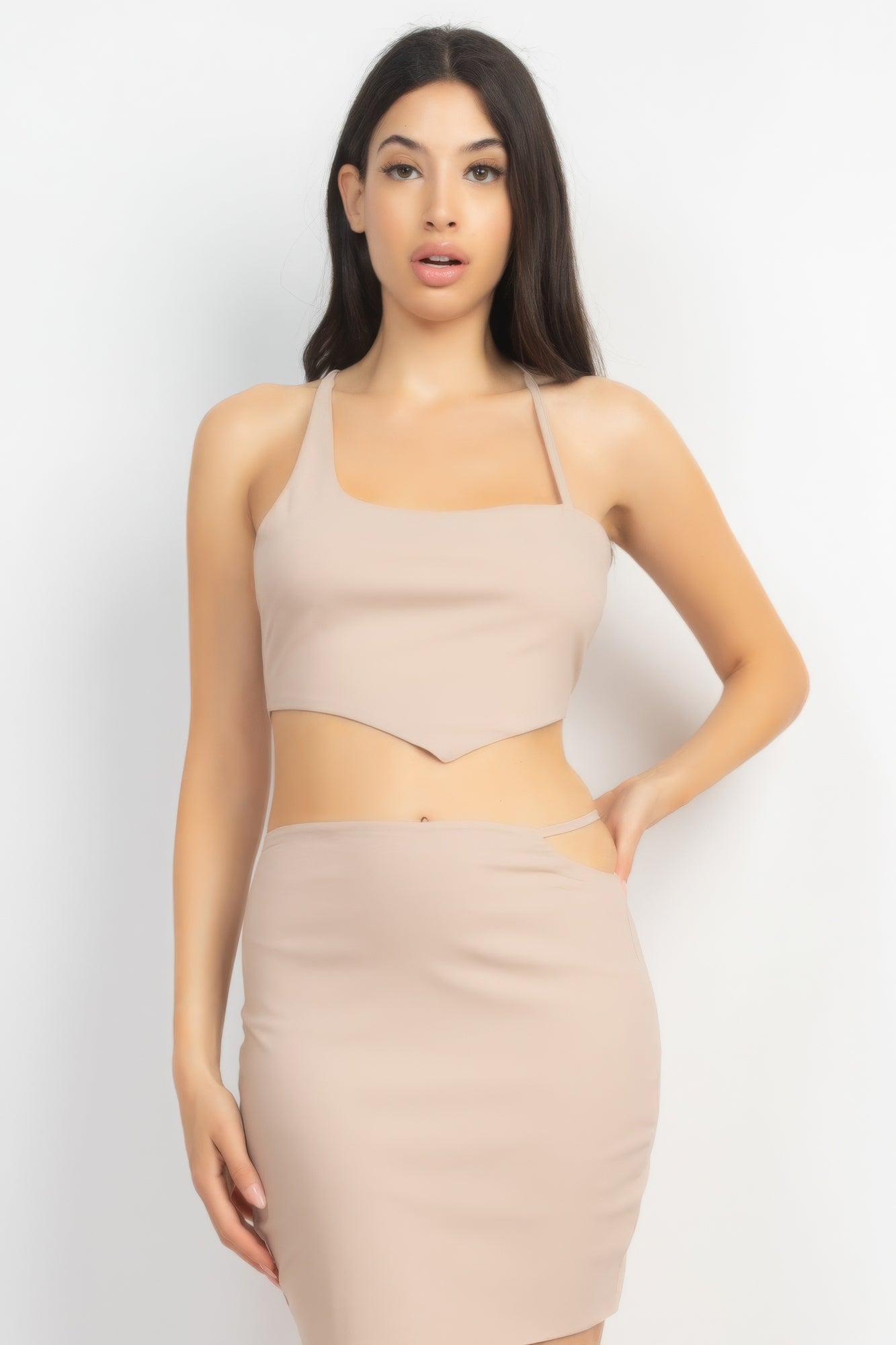 Cream Asymmetrical Cross Back Top & Skirts Set