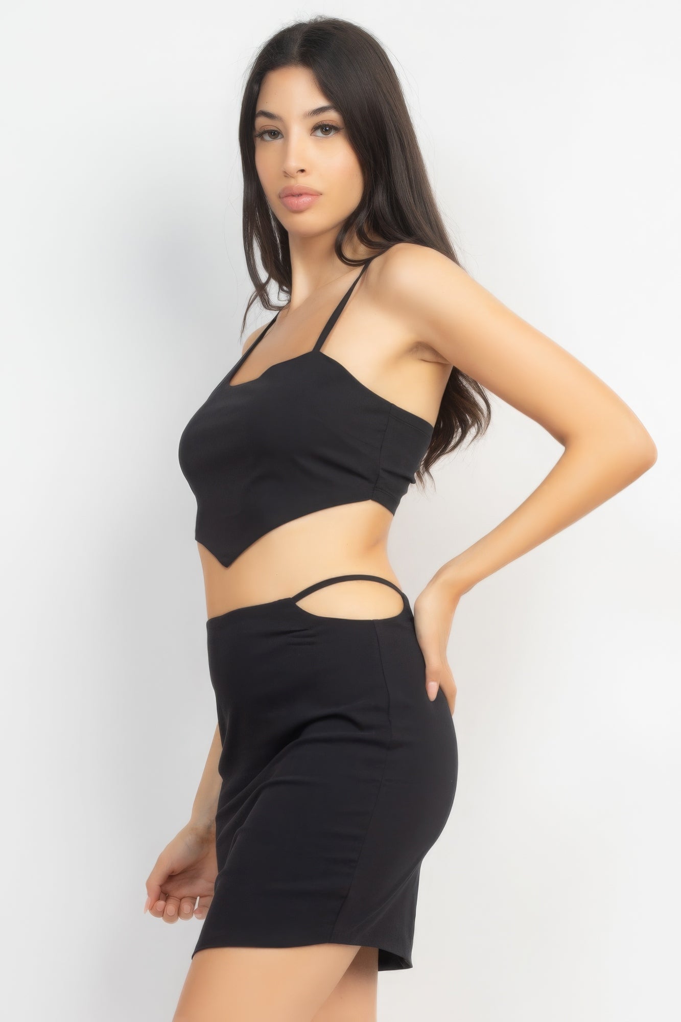 Black Asymmetrical Cross Back Top & Skirts Set