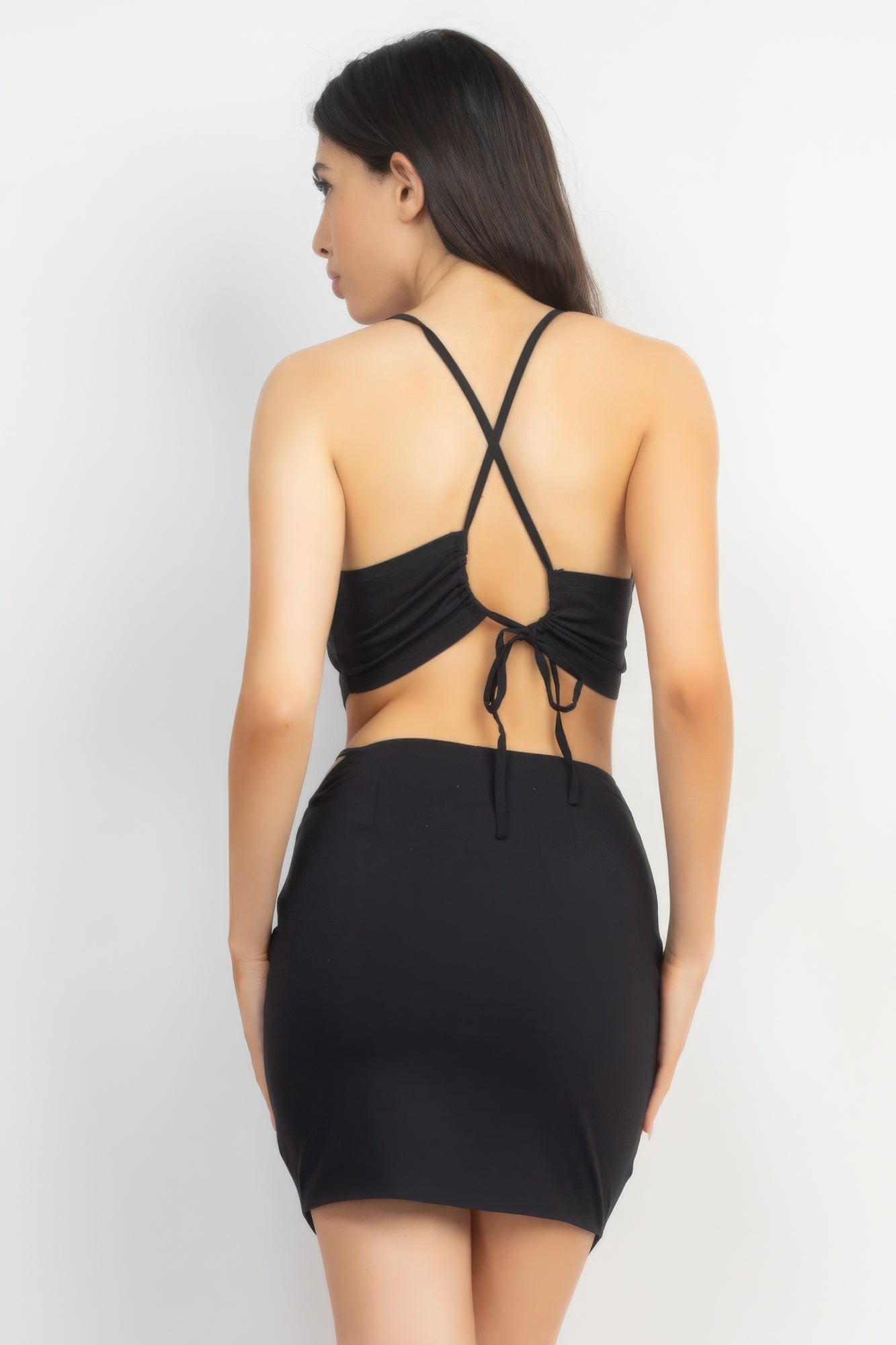 Black Asymmetrical Cross Back Top & Skirts Set