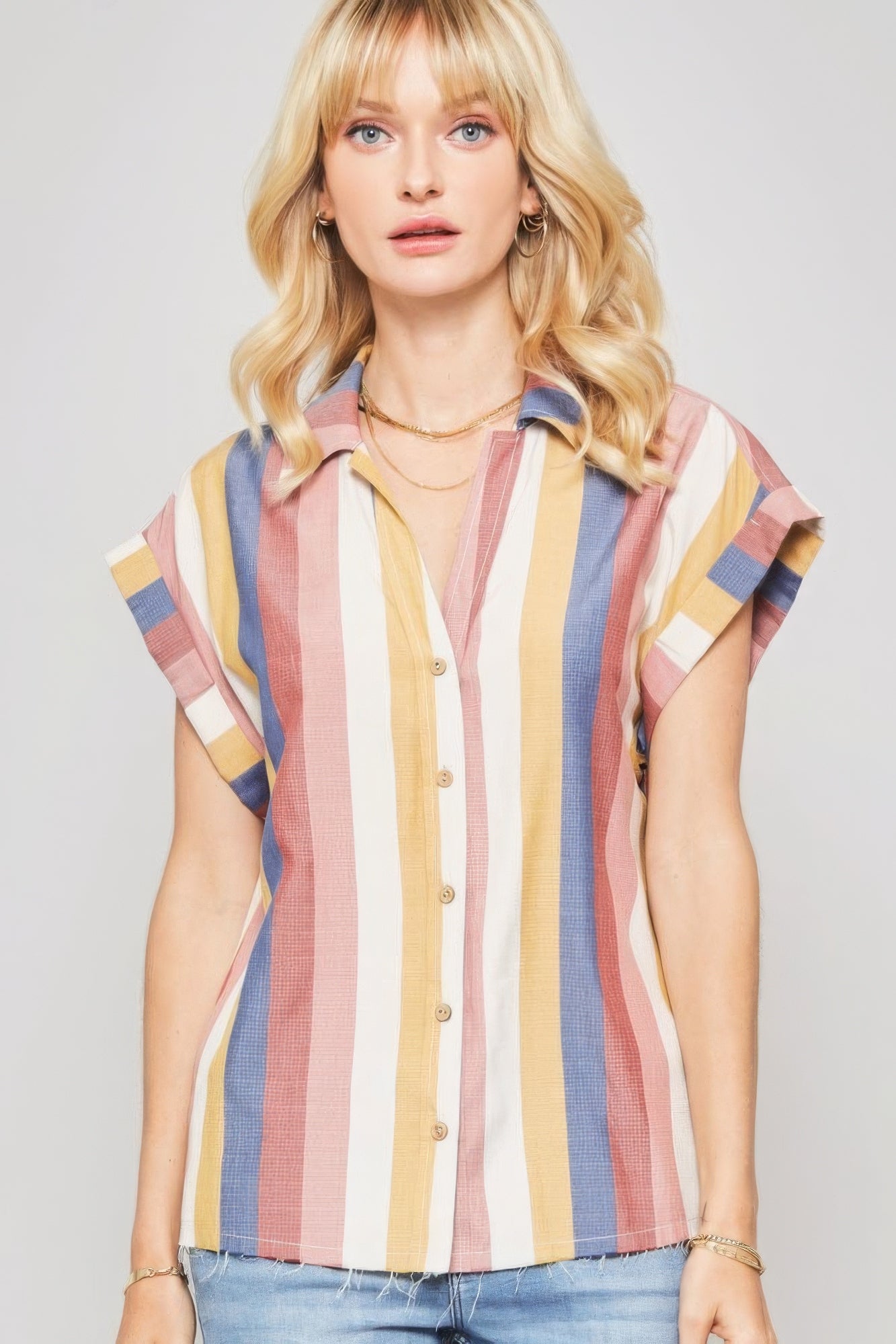 Pink Woven Shirt In Multicolor Striped With Collared Neckline