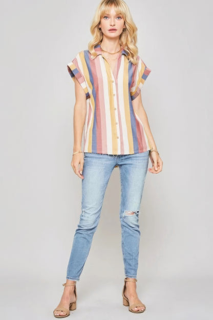 Pink Woven Shirt In Multicolor Striped With Collared Neckline