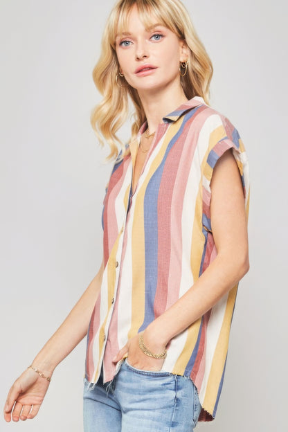 Pink Woven Shirt In Multicolor Striped With Collared Neckline