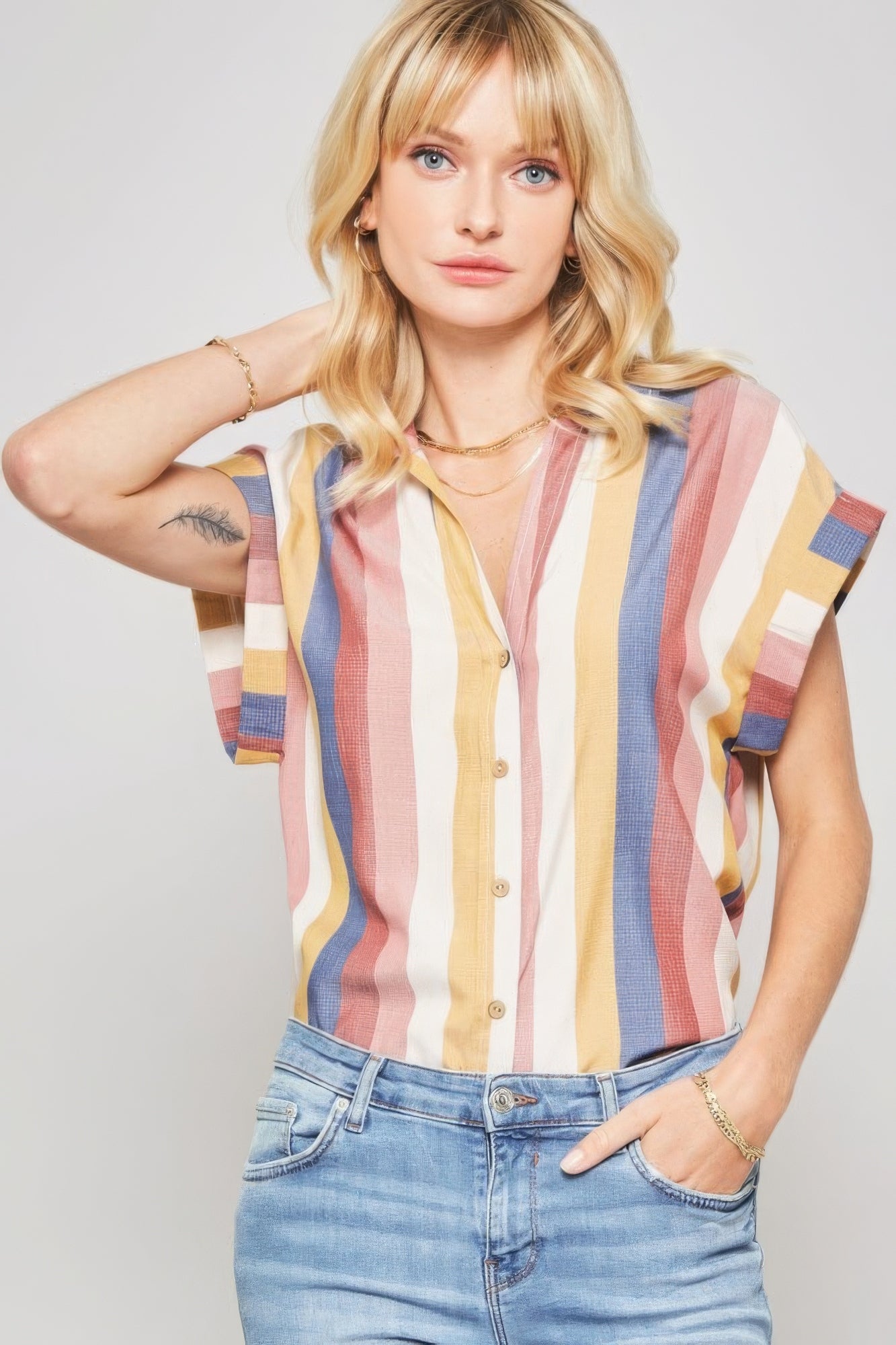 Pink Woven Shirt In Multicolor Striped With Collared Neckline