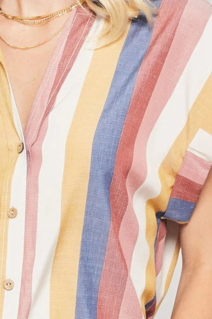 Pink Woven Shirt In Multicolor Striped With Collared Neckline