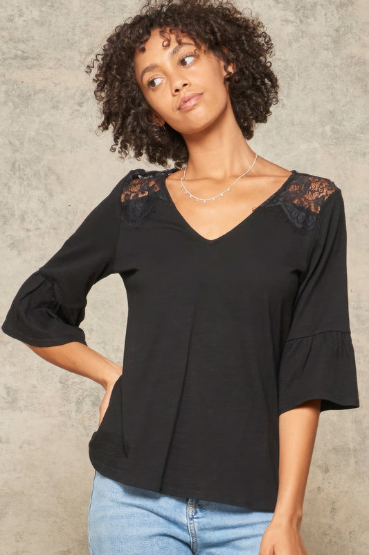 Black Knit Top With Deep V Neckline And Yoke Design