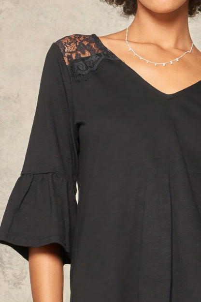 Black Knit Top With Deep V Neckline And Yoke Design