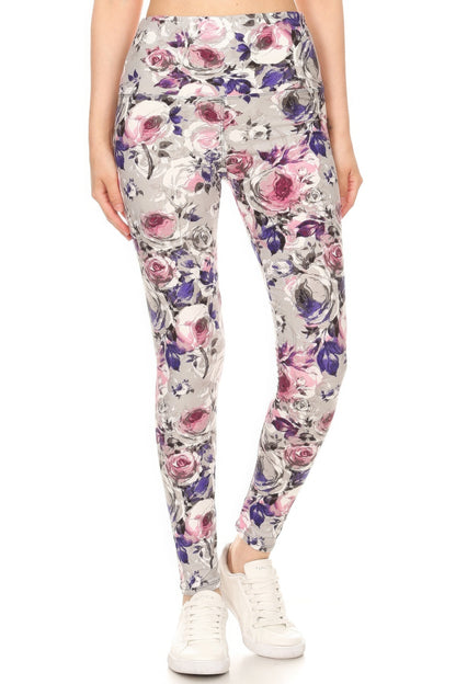 Multi-Purple 5-inch Long Yoga Style Banded Lined Floral Printed Knit Legging With High Waist