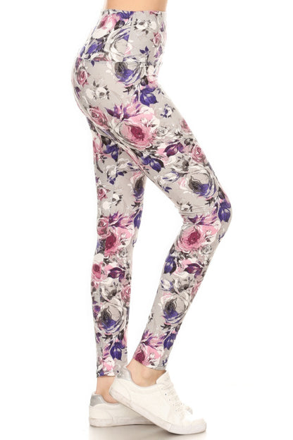 Multi-Purple 5-inch Long Yoga Style Banded Lined Floral Printed Knit Legging With High Waist