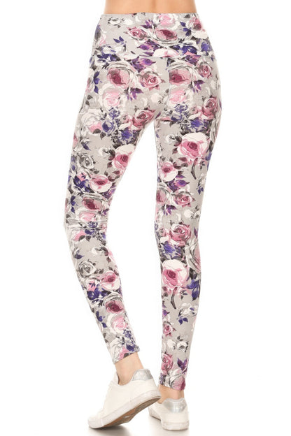 Multi-Purple 5-inch Long Yoga Style Banded Lined Floral Printed Knit Legging With High Waist