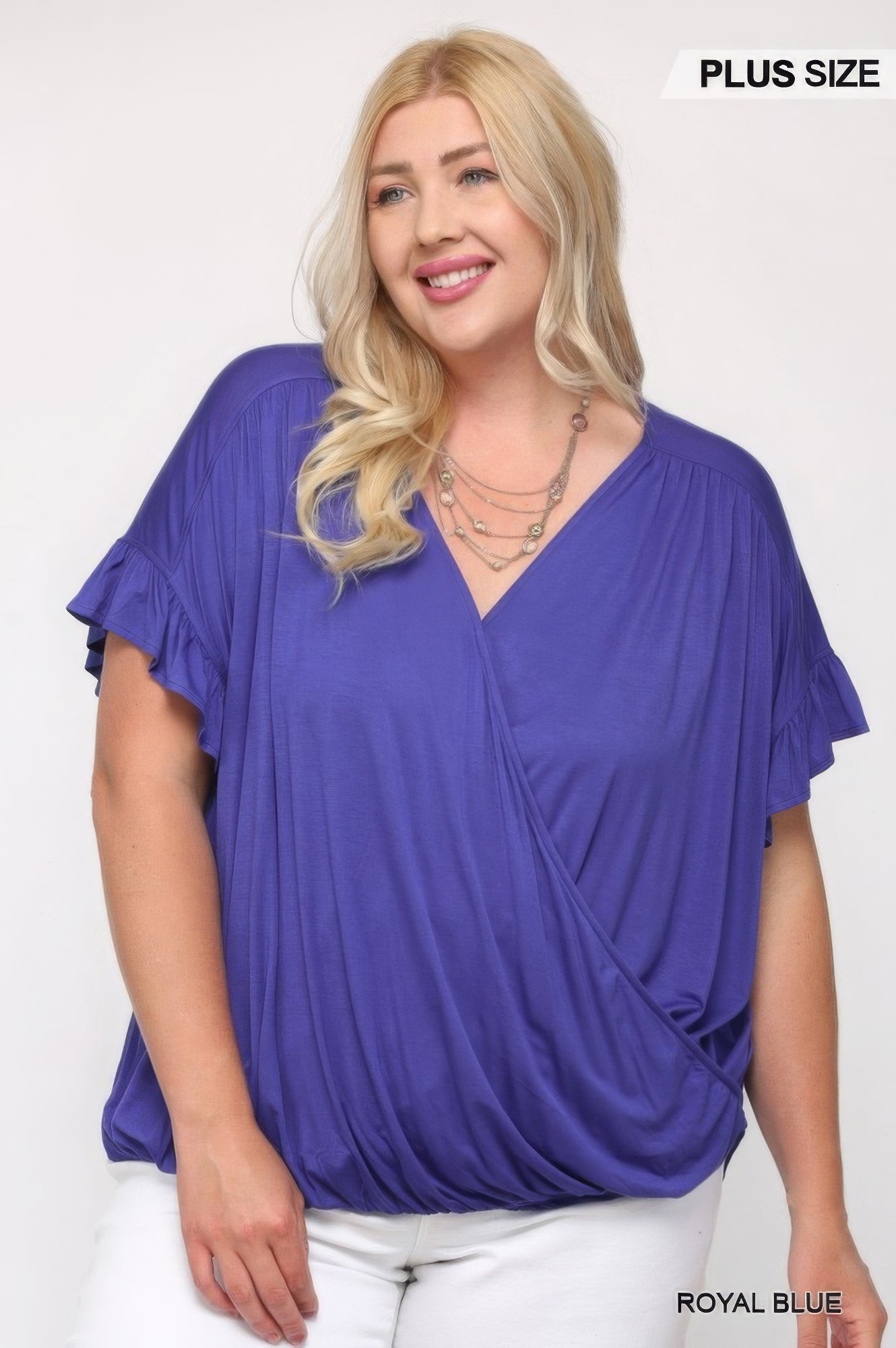 Solid Viscose Knit Surplice Top With Ruffle Sleeve