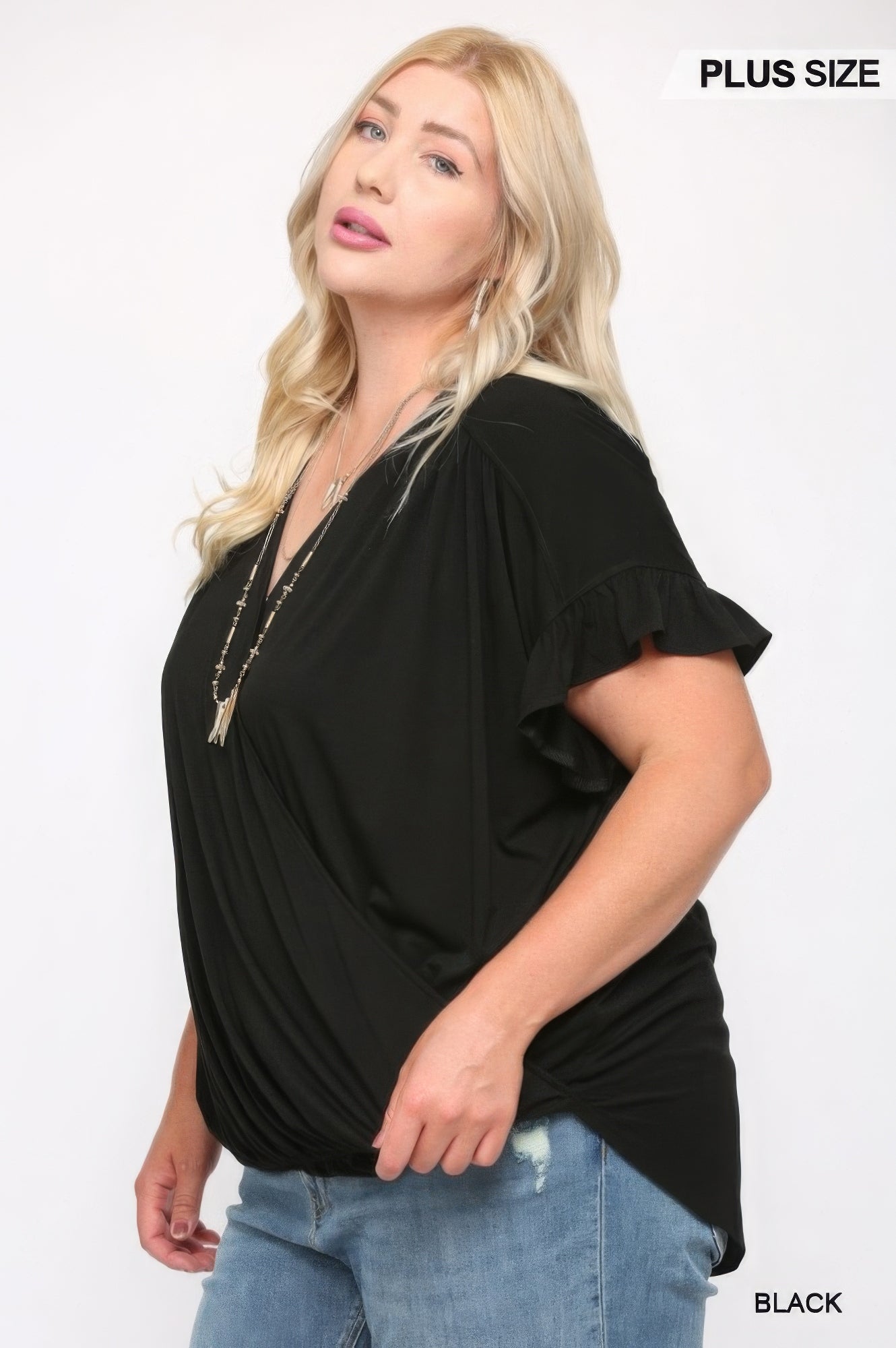 Solid Viscose Knit Surplice Top With Ruffle Sleeve