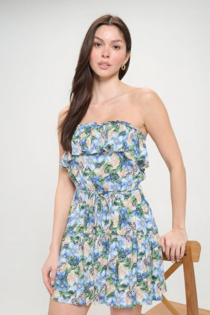 Multi-Blue Berry Flower Ruffle Tube Top Mini Dress