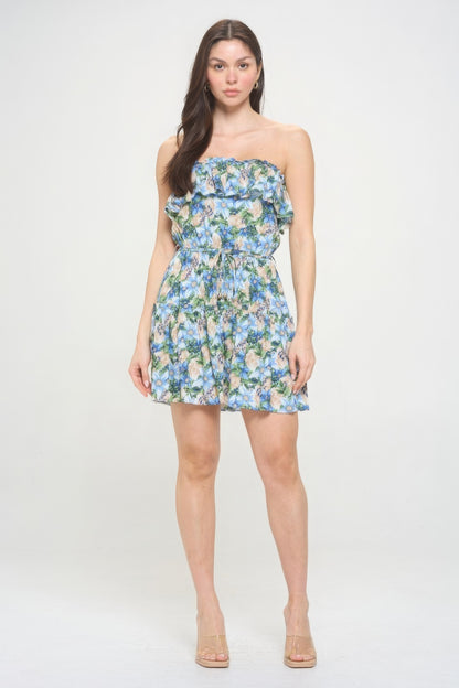 Multi-Blue Berry Flower Ruffle Tube Top Mini Dress