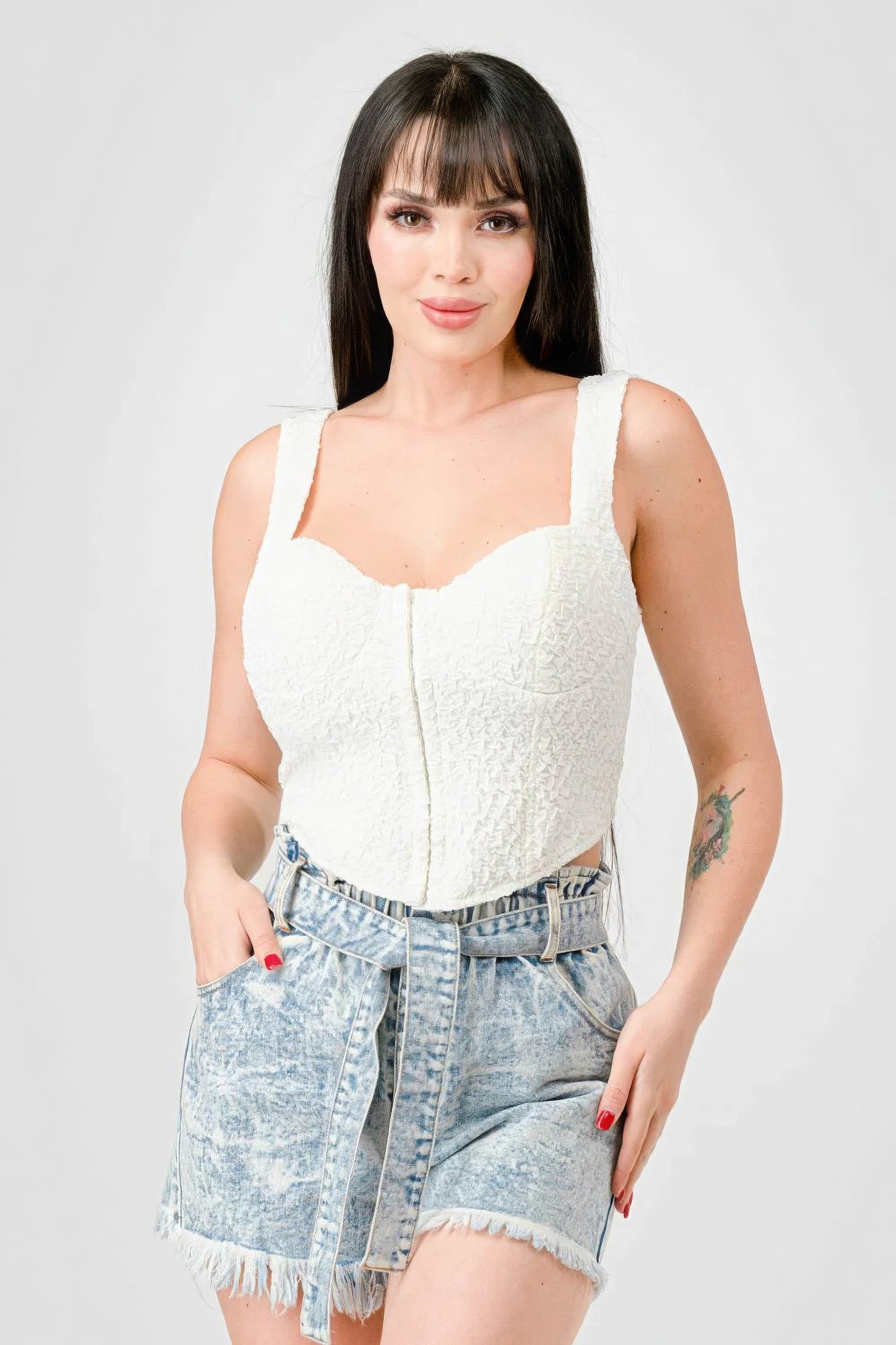 White Stretch Knit Sweetheart Hooked Bustier Cropped Top