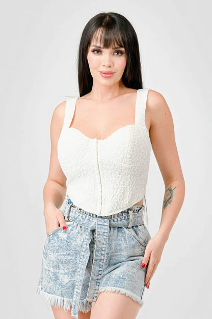 White Stretch Knit Sweetheart Hooked Bustier Cropped Top
