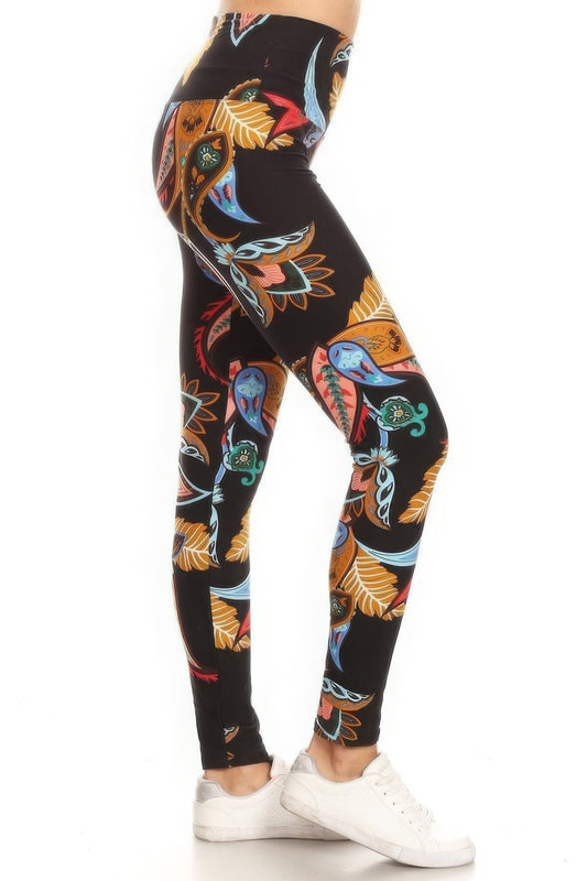 Multi-Dark Black 5-inch Long Yoga Style Banded Lined Paisley Floral Printed Knit Legging With High Waist