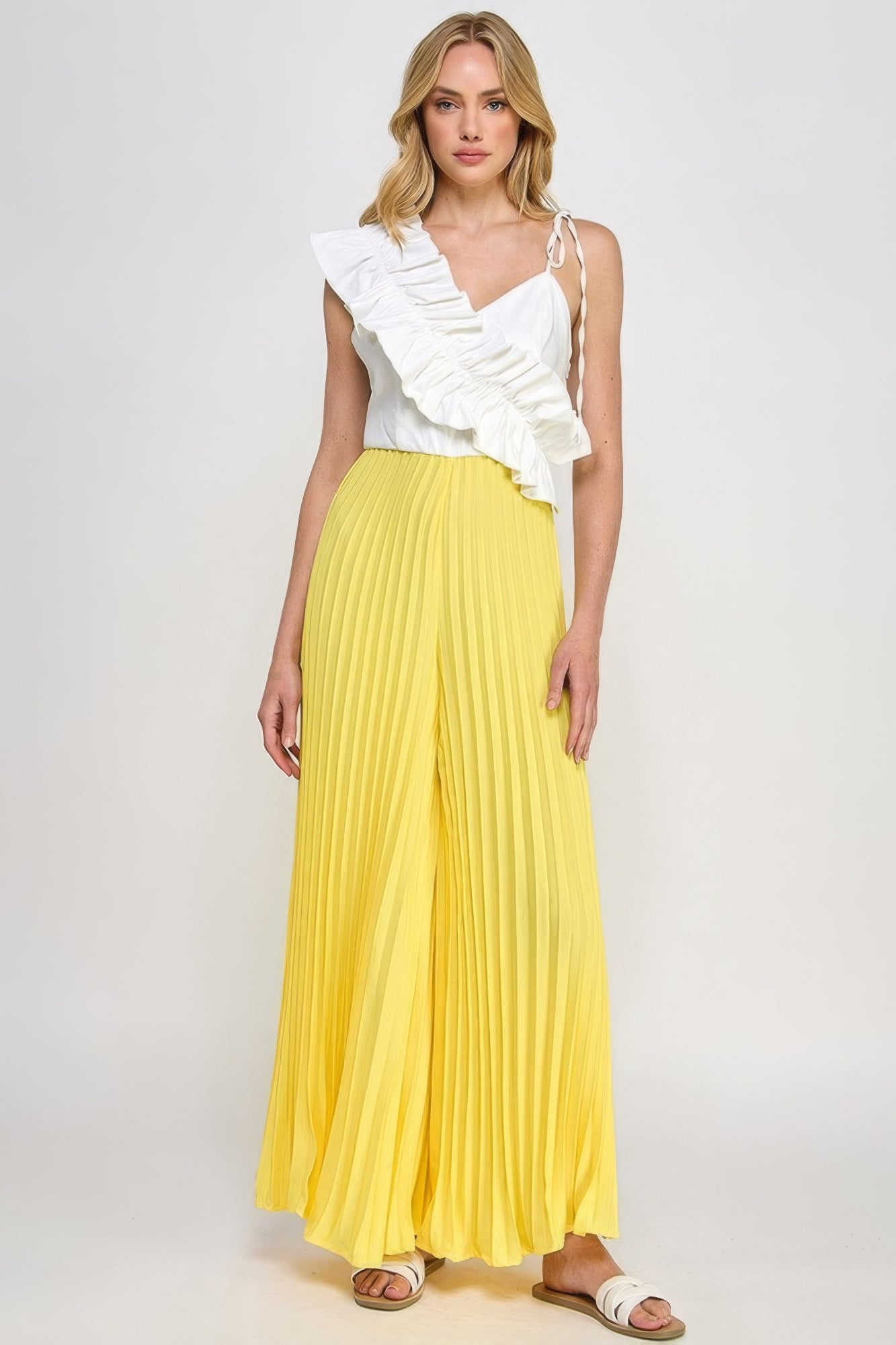 Yellow Cami Asymmetrical Ruffle Detail Pleated Bottom Jumpsuit