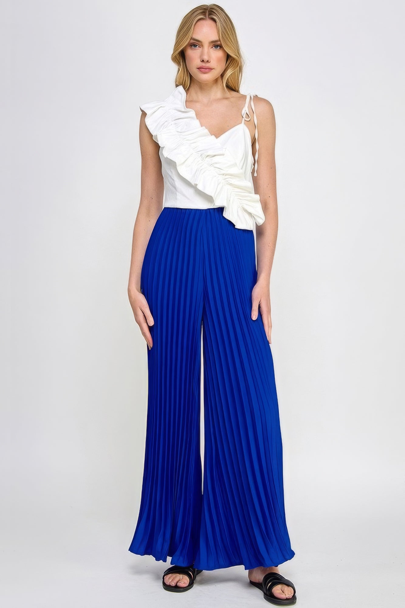 Royal Blue Cami Asymmetrical Ruffle Detail Pleated Bottom Jumpsuit