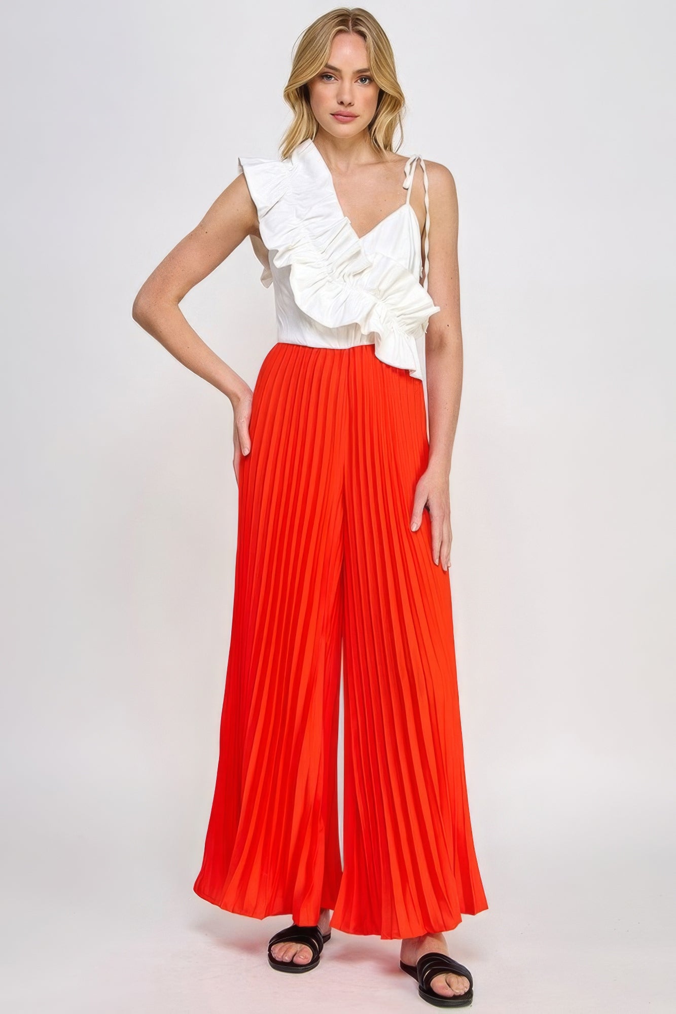 Hot Red Cami Asymmetrical Ruffle Detail Pleated Bottom Jumpsuit