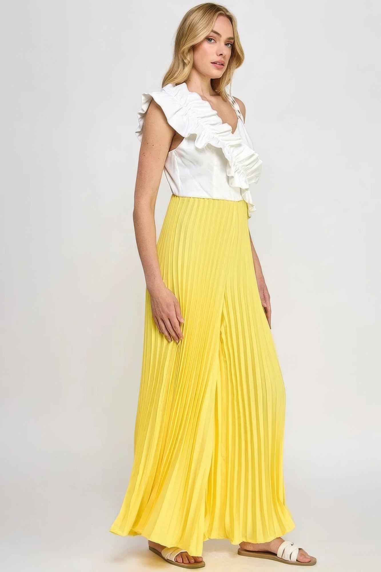 Yellow Cami Asymmetrical Ruffle Detail Pleated Bottom Jumpsuit