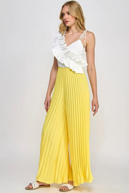 Yellow Cami Asymmetrical Ruffle Detail Pleated Bottom Jumpsuit