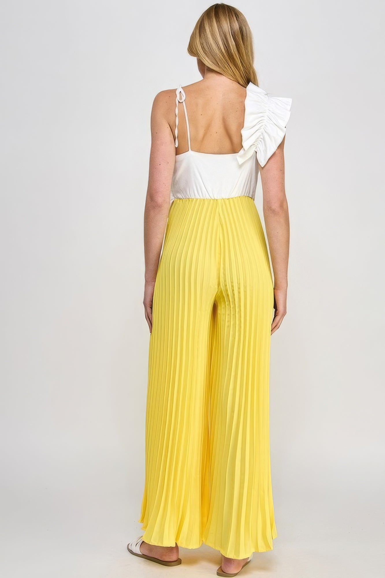 Yellow Cami Asymmetrical Ruffle Detail Pleated Bottom Jumpsuit