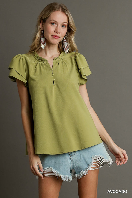 Olive Cut Faux Button Ruffle Neckline Top With Short Layered Sleeves