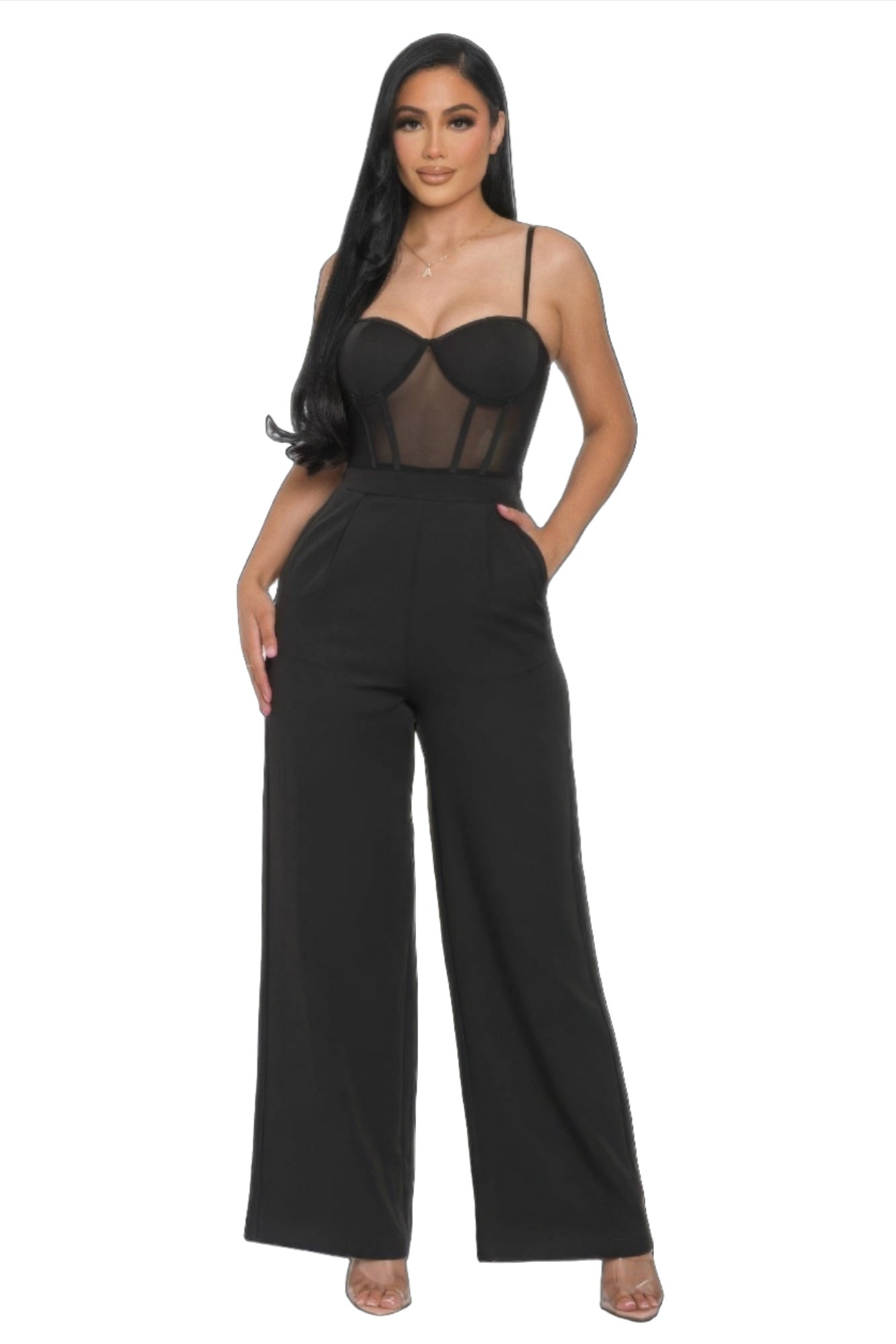 Mesh Insert Cup Wide Leg Jumpsuit