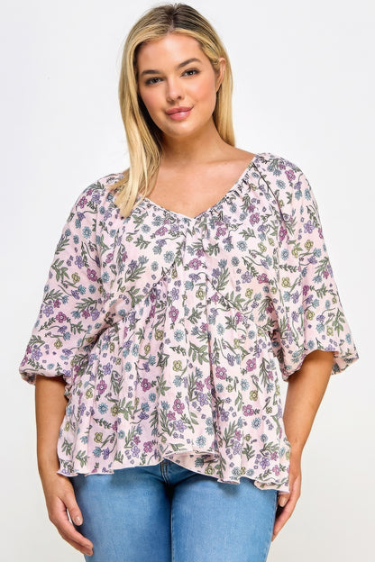 Floral V-neck Babydoll Balloon Slv Top