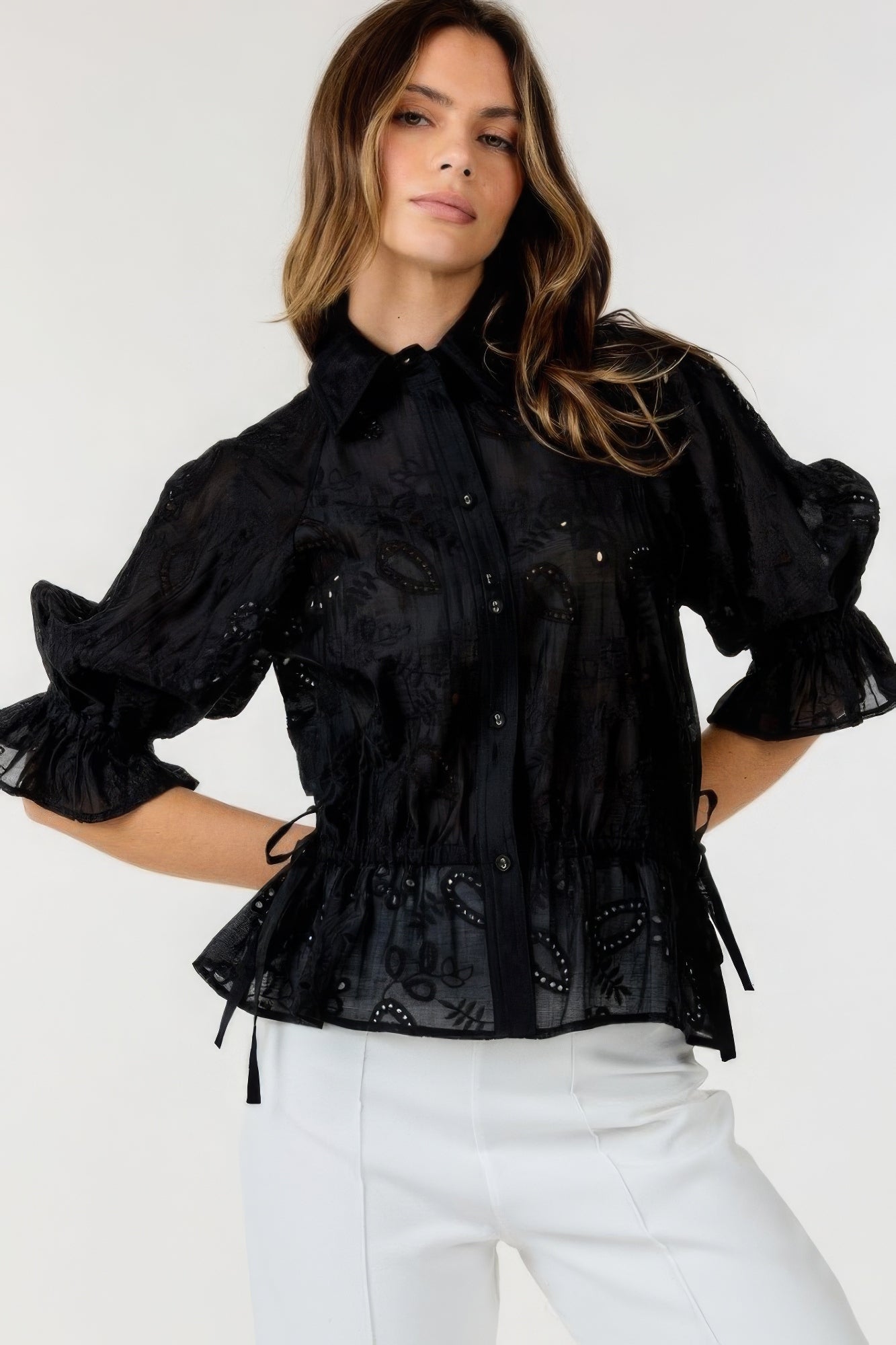 Black Button-down Collar Neck Embroidered Top