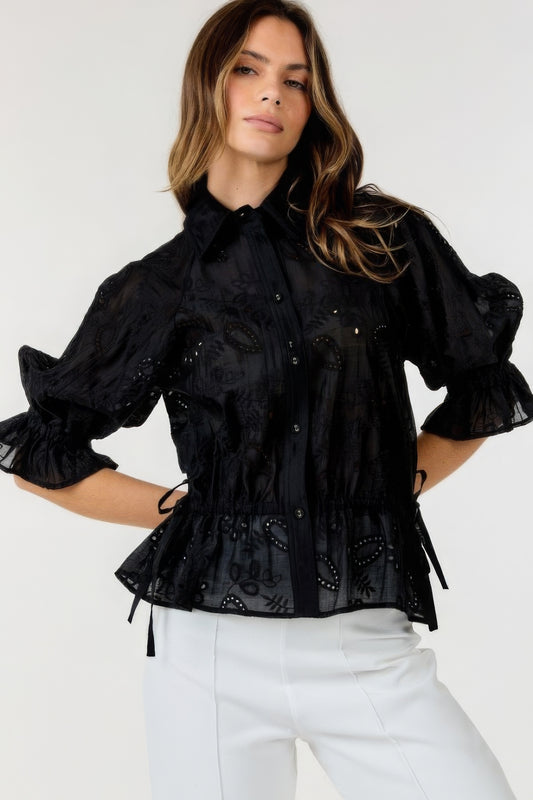 Black Button-down Collar Neck Embroidered Top