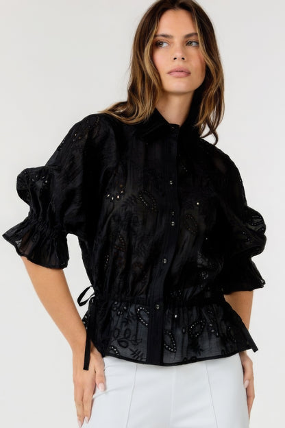 Black Button-down Collar Neck Embroidered Top