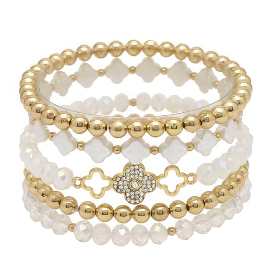 Clover Metal Pearl Rhinestone Stretch Bracelet Set