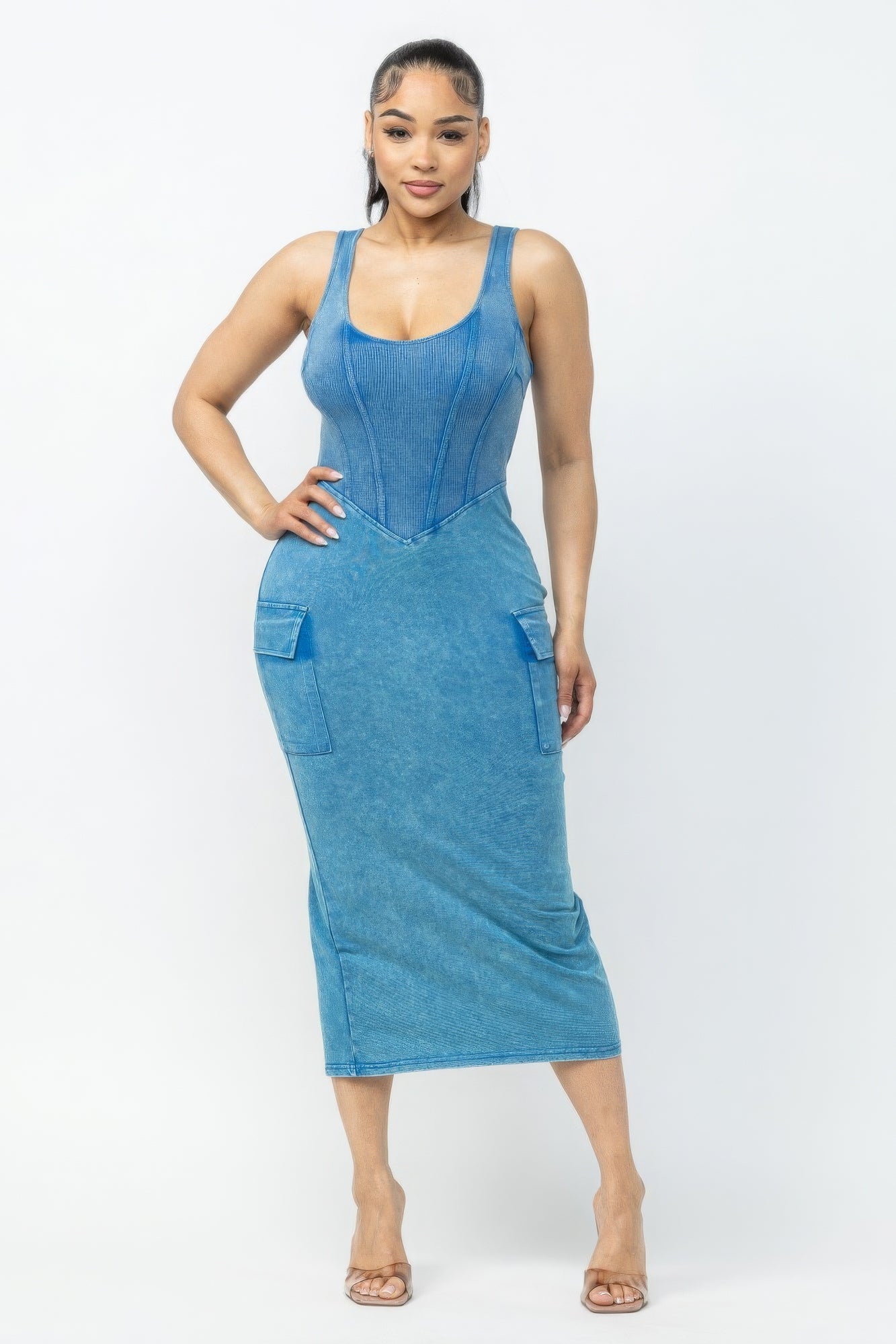 Turquoise Acid Washed Cargo Midi Dress