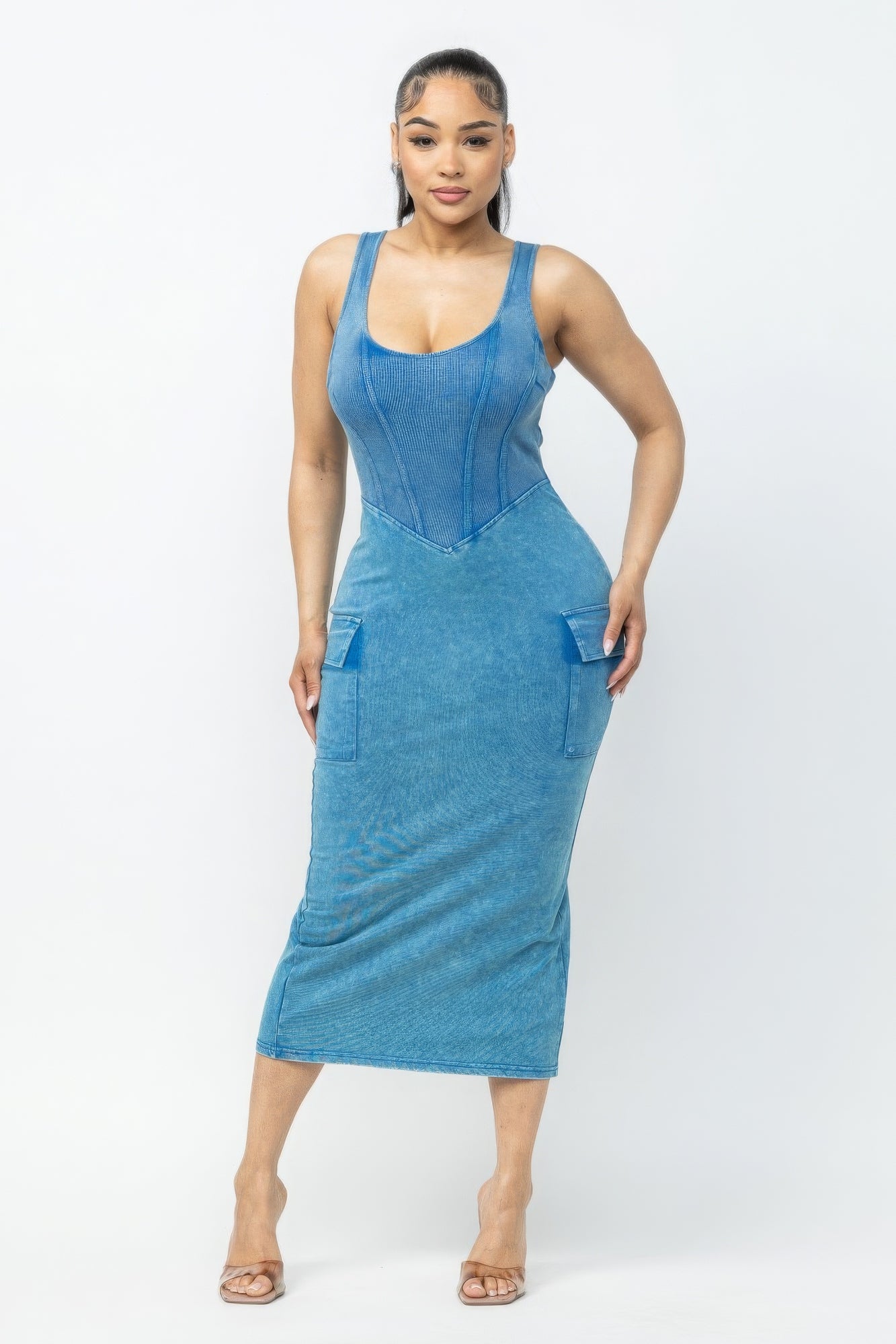 Turquoise Acid Washed Cargo Midi Dress